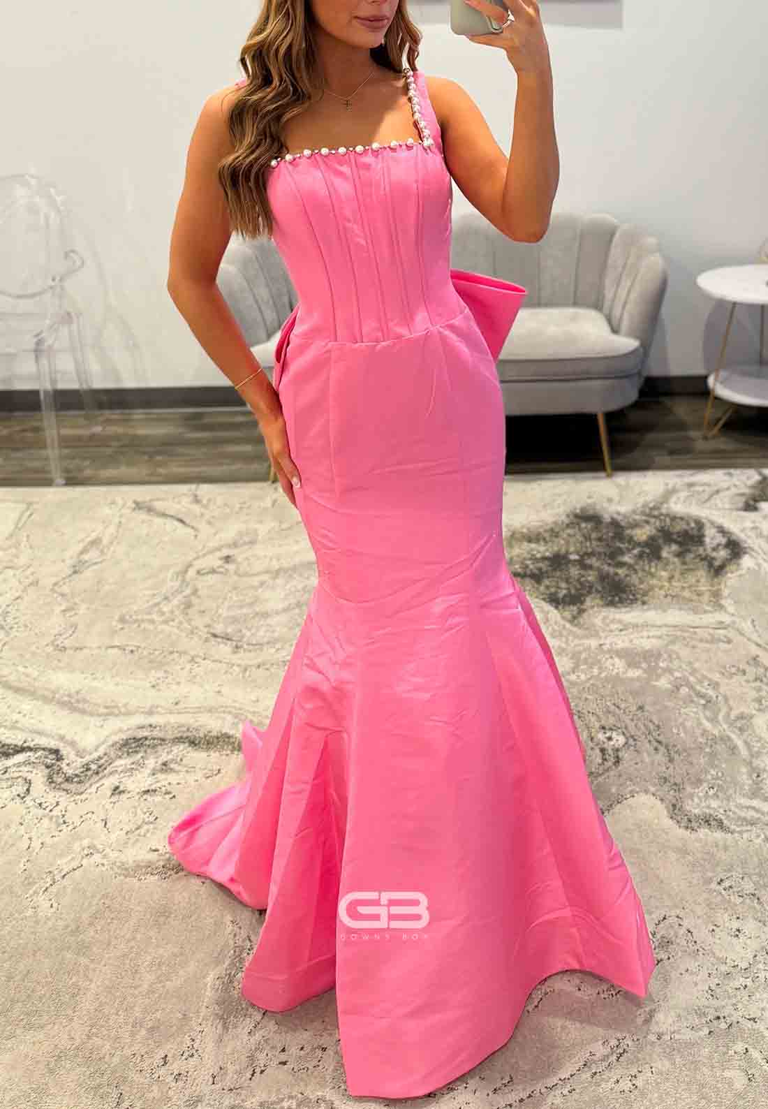 Pink Open Back Square Neck Satin Mermaid Prom Dresses with Bowknot and Pearls