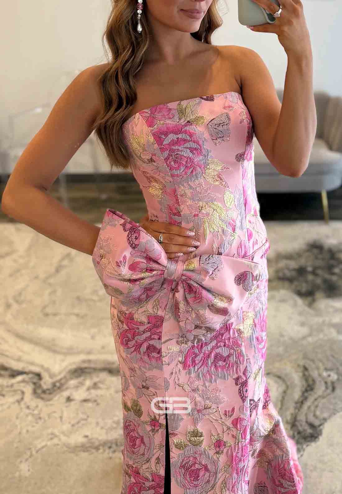 Floral Embroidery Strapless Side Slit Mermaid Prom Dresses with Bowknot