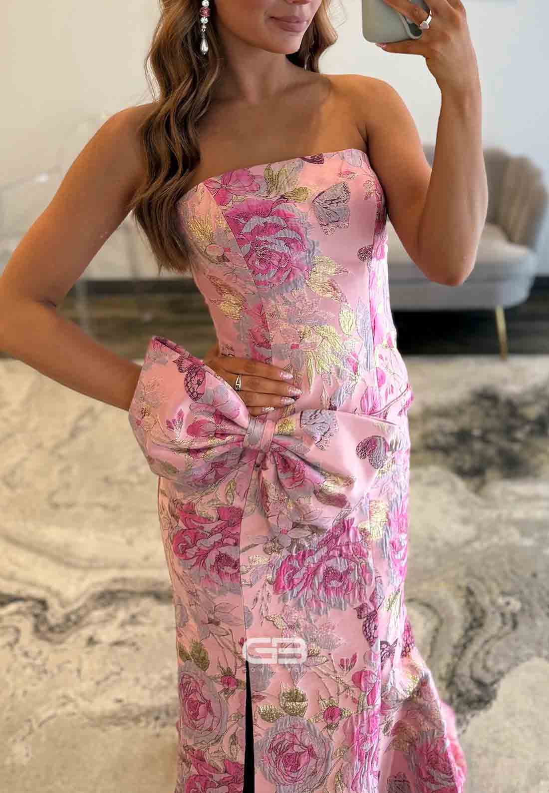 Floral Embroidery Pink Floor-Length Strapless Trumpet Prom Dresses with Big Bowknot