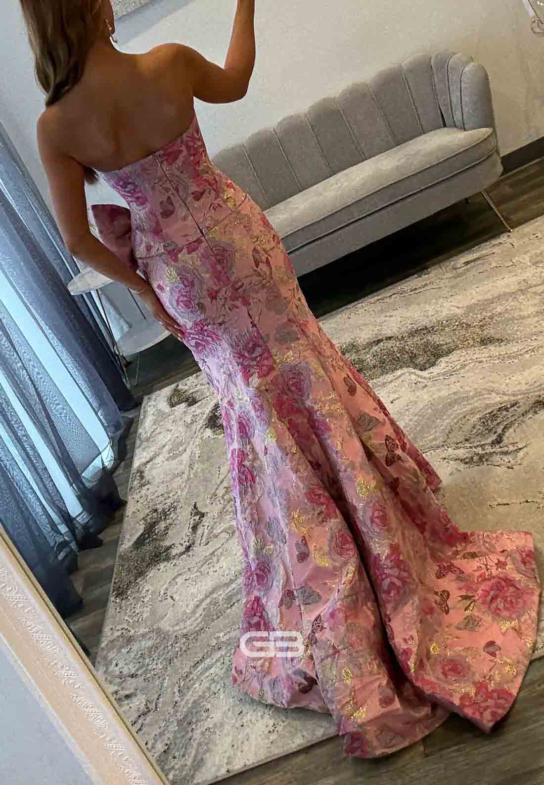 Floral Embroidery Strapless Side Slit Mermaid Prom Dresses with Bowknot
