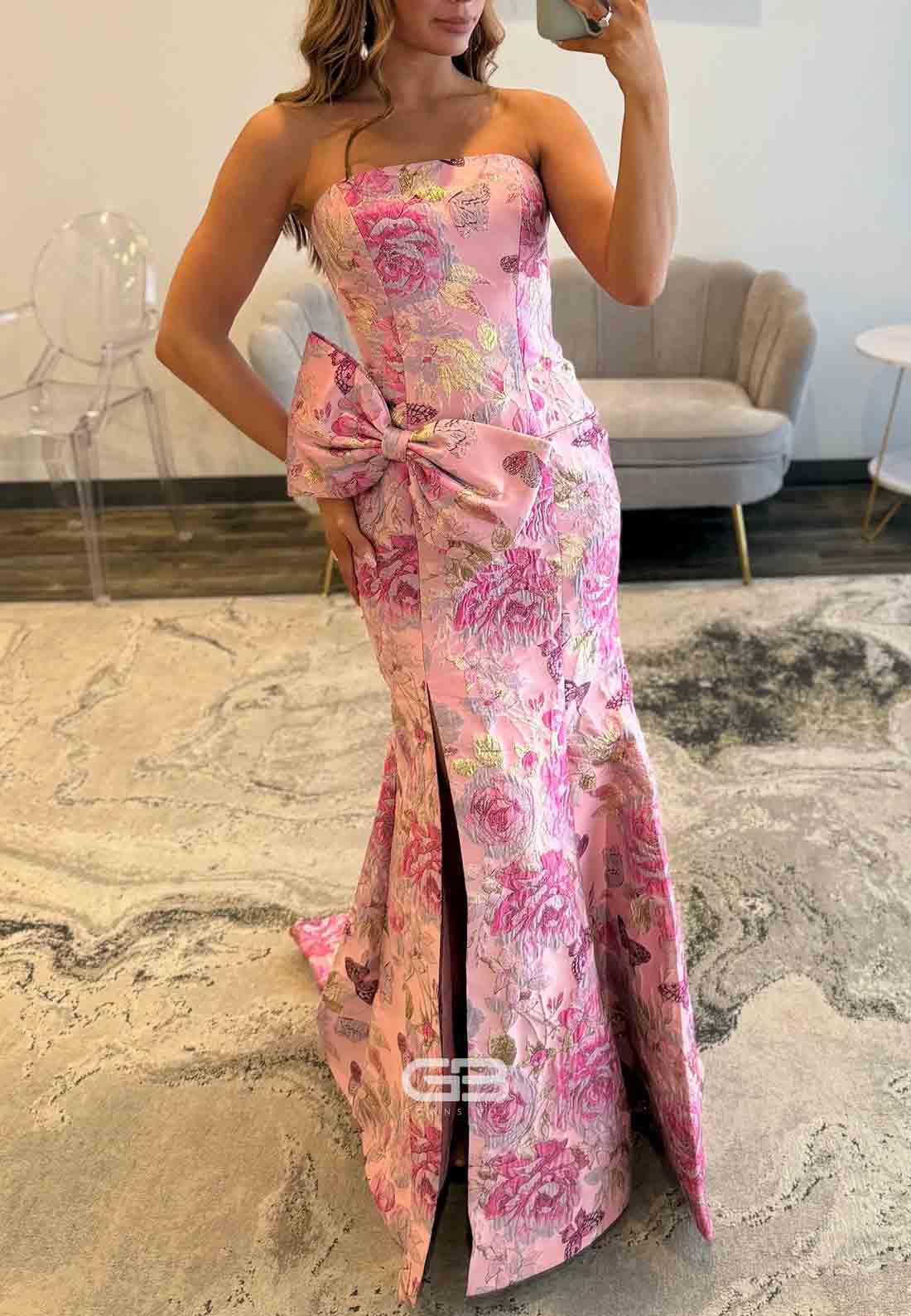 Floral Embroidery Strapless Side Slit Mermaid Prom Dresses with Bowknot