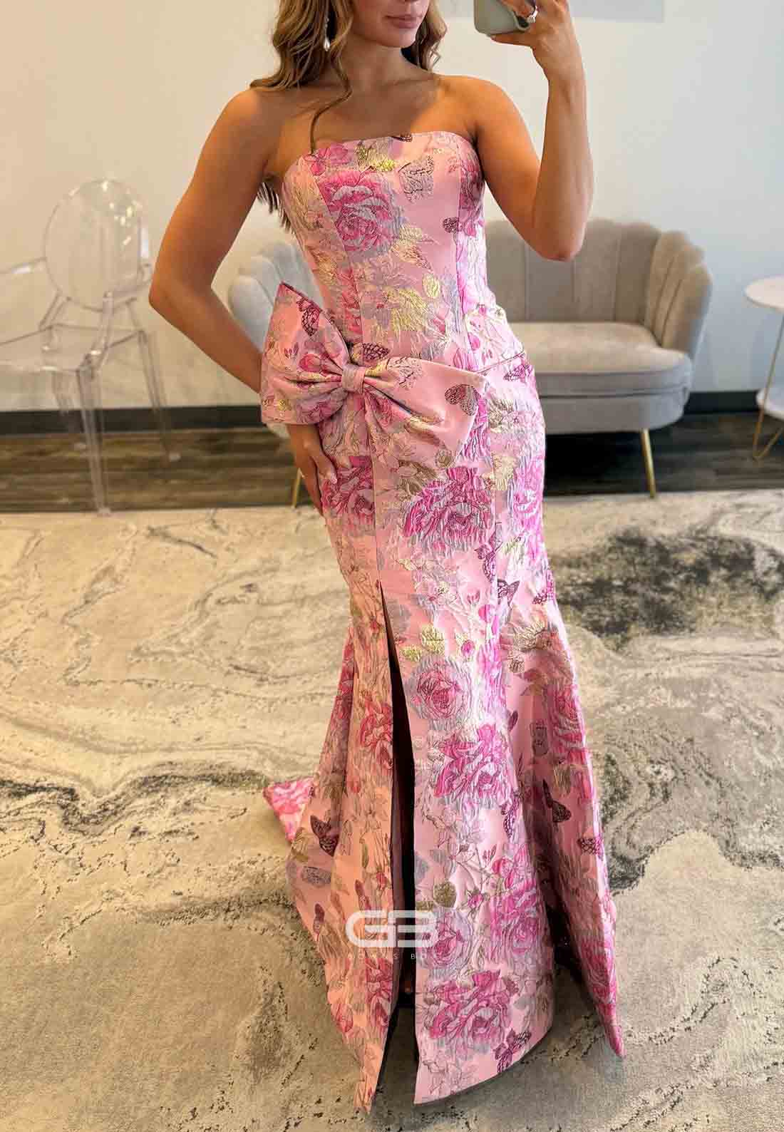 Floral Embroidery Pink Floor-Length Strapless Trumpet Prom Dresses with Big Bowknot