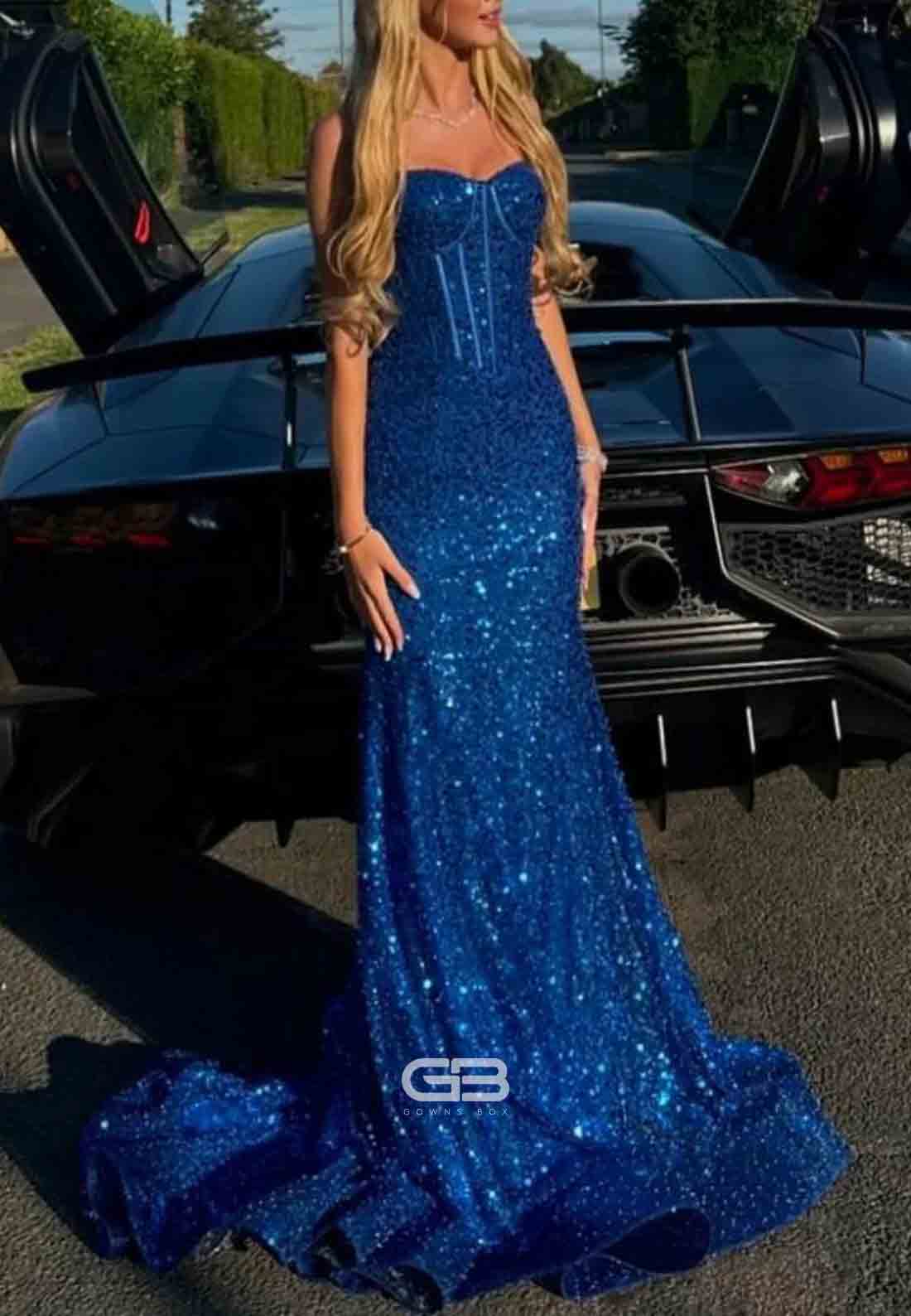 Shiny Light Blue Spaghetti Straps Long Beaded Mermaid Prom Dress
