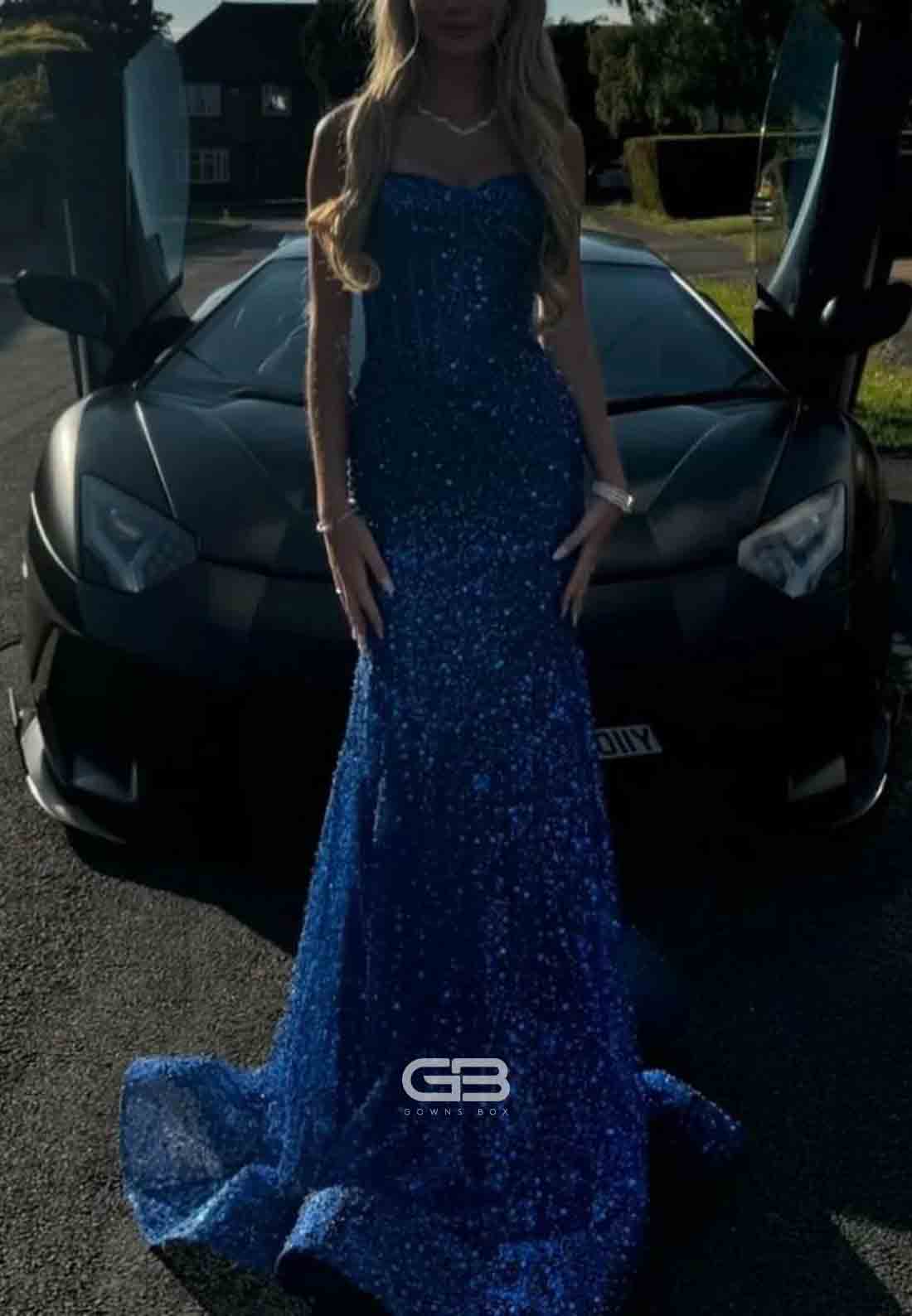 Shiny Light Blue Spaghetti Straps Long Beaded Mermaid Prom Dress