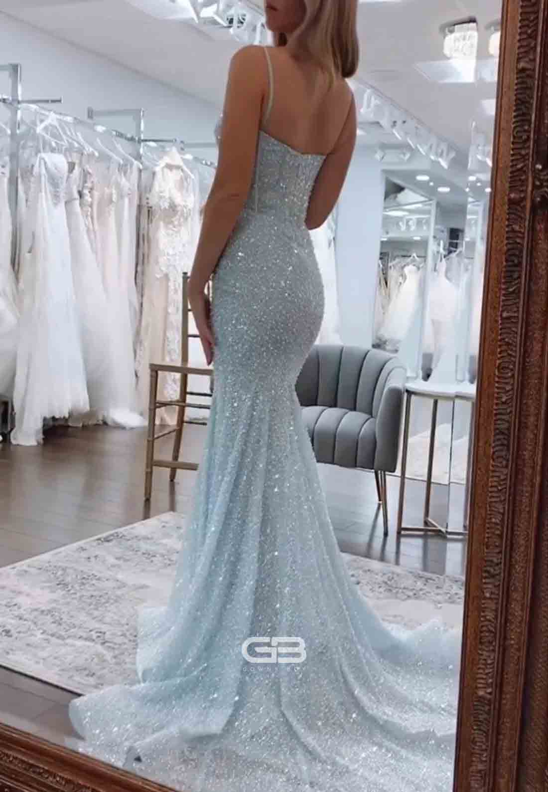 Shiny Light Blue Spaghetti Straps Long Beaded Mermaid Prom Dress