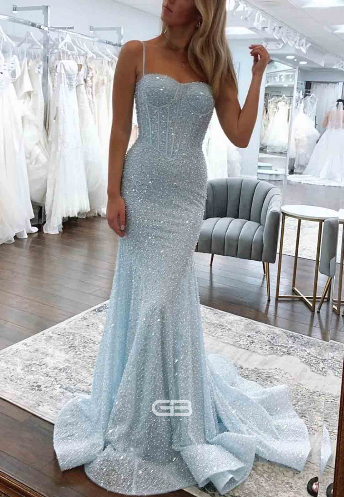 Shiny Light Blue Spaghetti Straps Long Beaded Mermaid Prom Dress