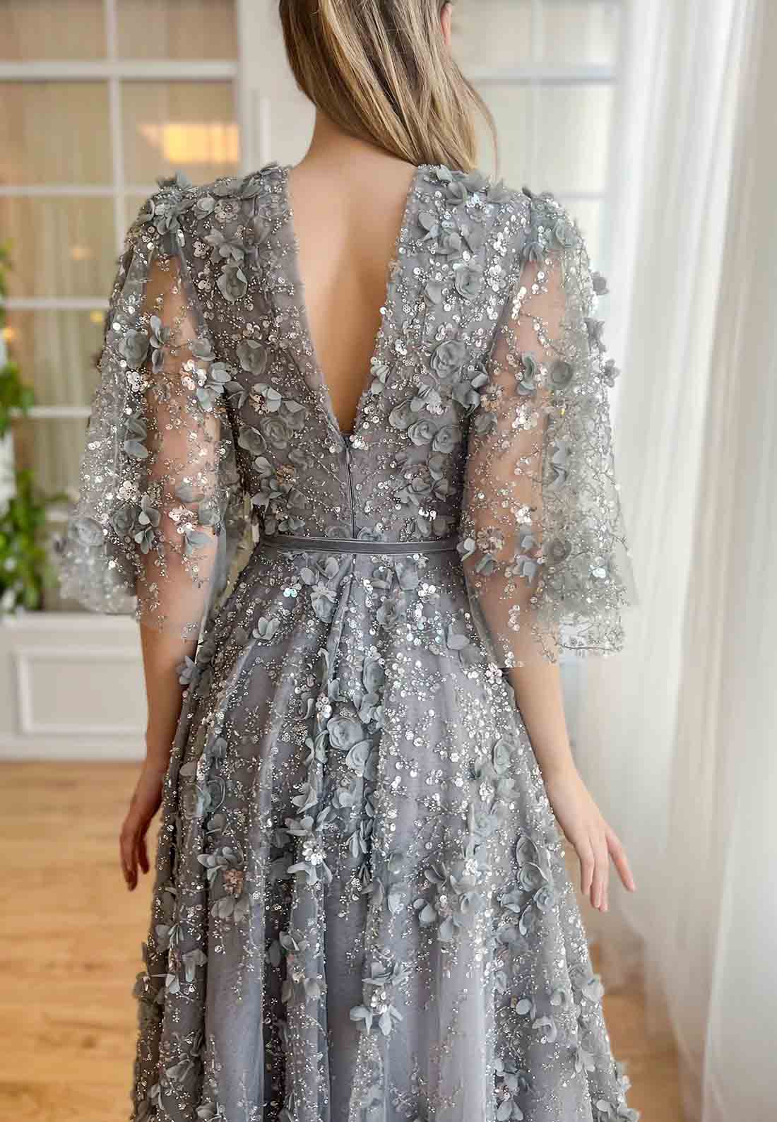 Grey A-Line Half Sleeves Low V-Neck Evening Gowns with Embroidery