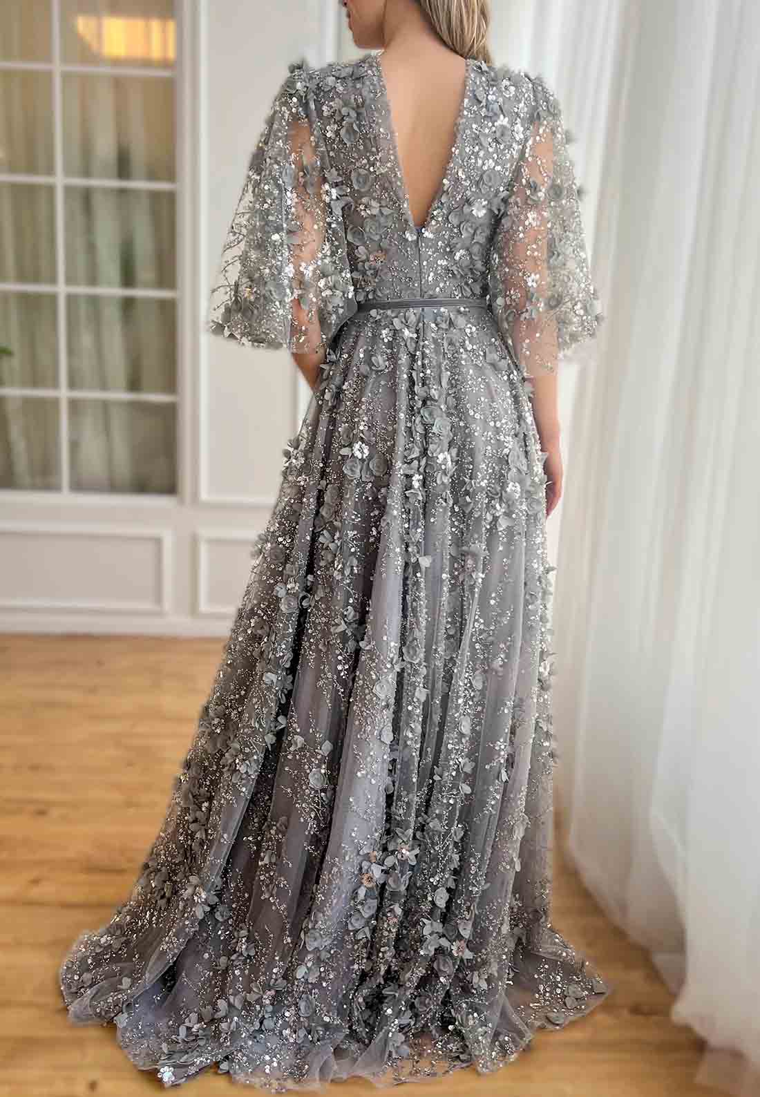 Grey A-Line Half Sleeves Low V-Neck Evening Gowns with Embroidery