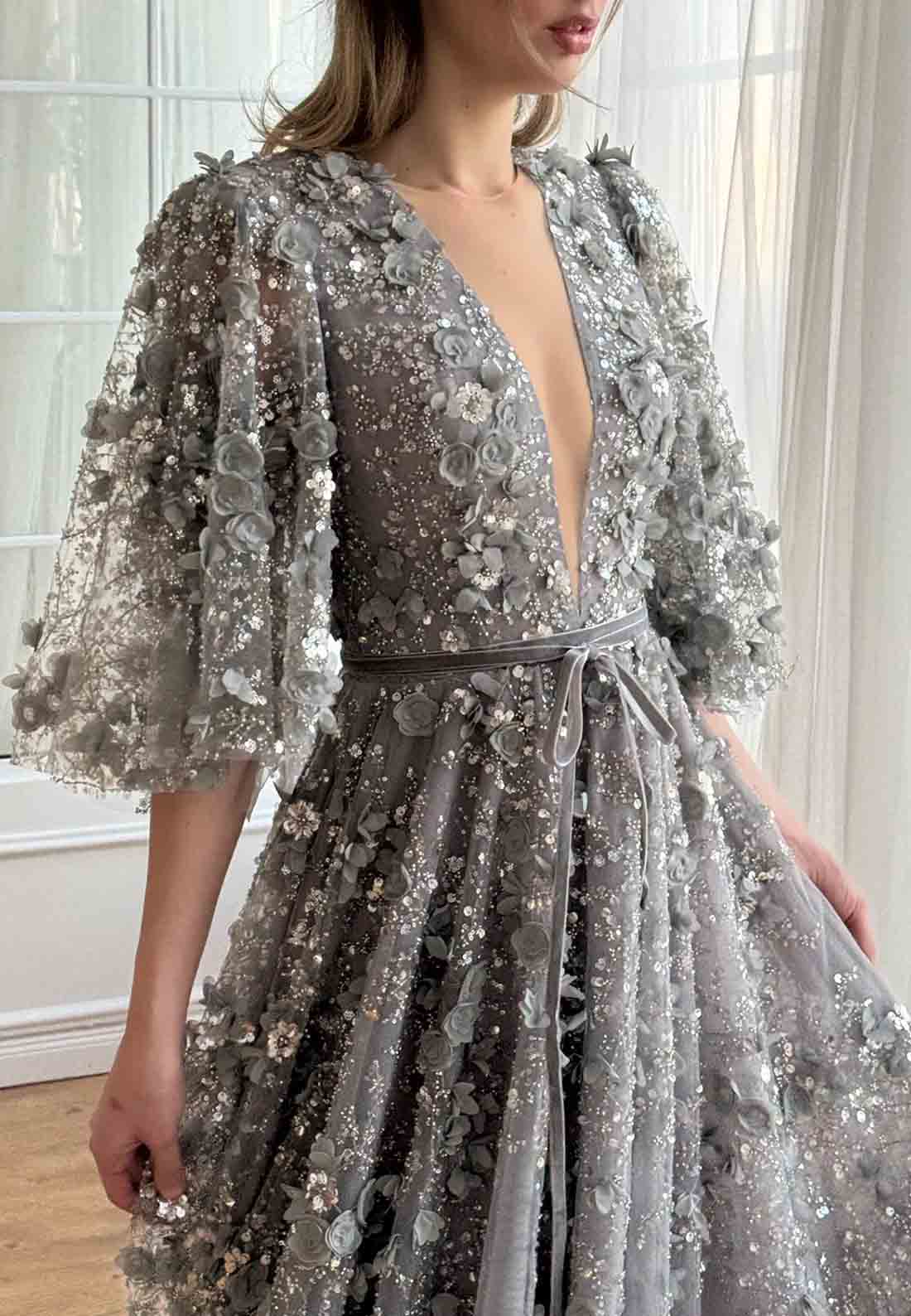 Grey A-Line Half Sleeves Low V-Neck Evening Gowns with Embroidery