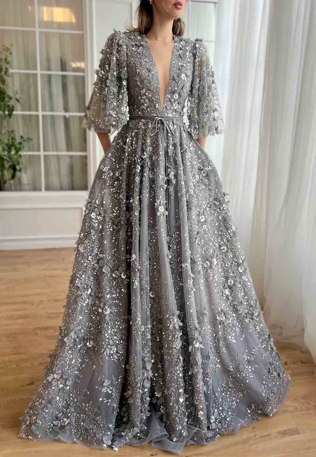 Grey A-Line Half Sleeves Low V-Neck Evening Gowns with Embroidery