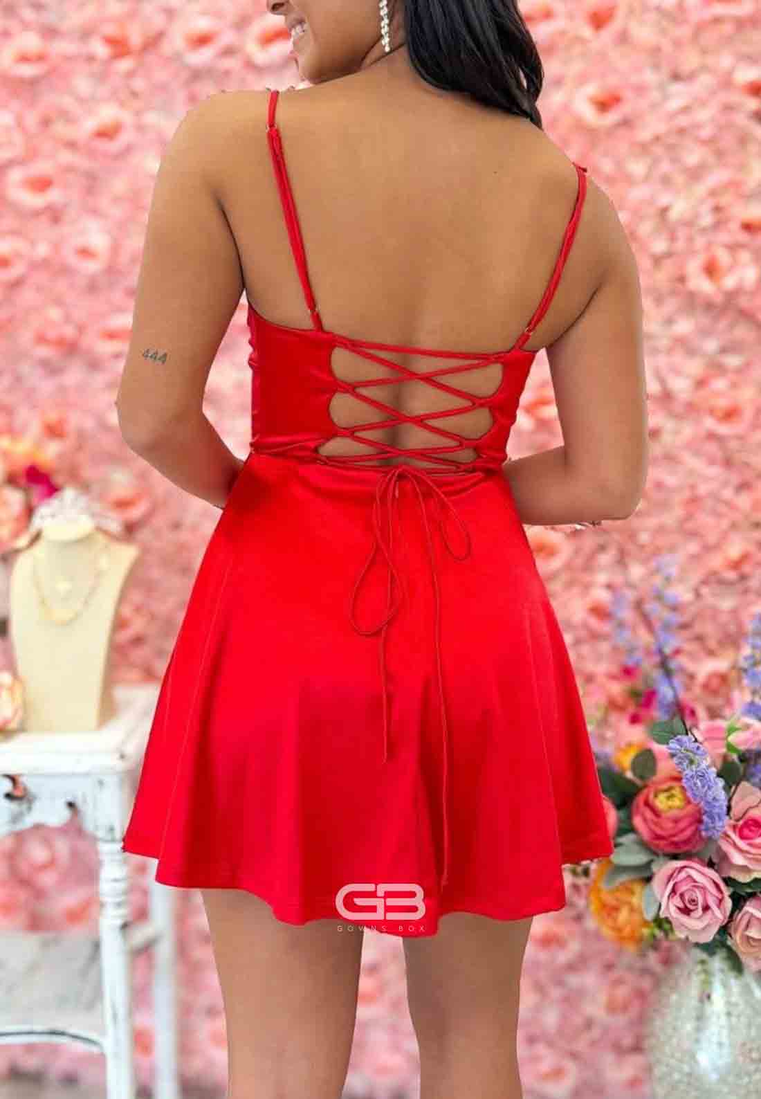 Simple A Line Spaghetti Straps Red Short Homecoming Dress with Criss Cross Back