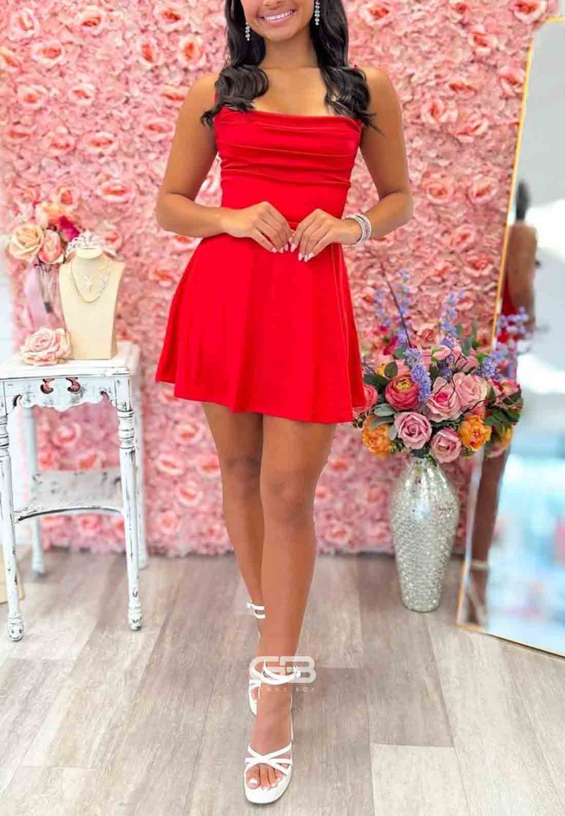 Simple A Line Spaghetti Straps Red Short Homecoming Dress with Criss Cross Back