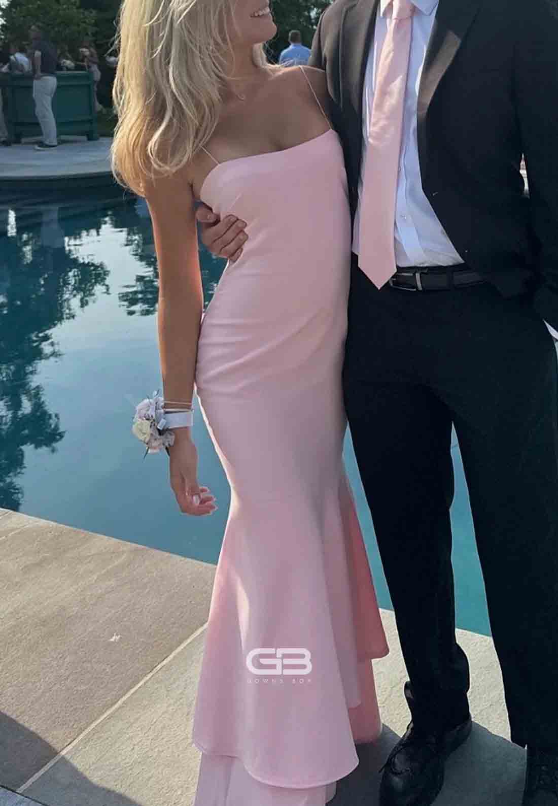 Spaghetti Straps Light Pink Tiered Long Dress