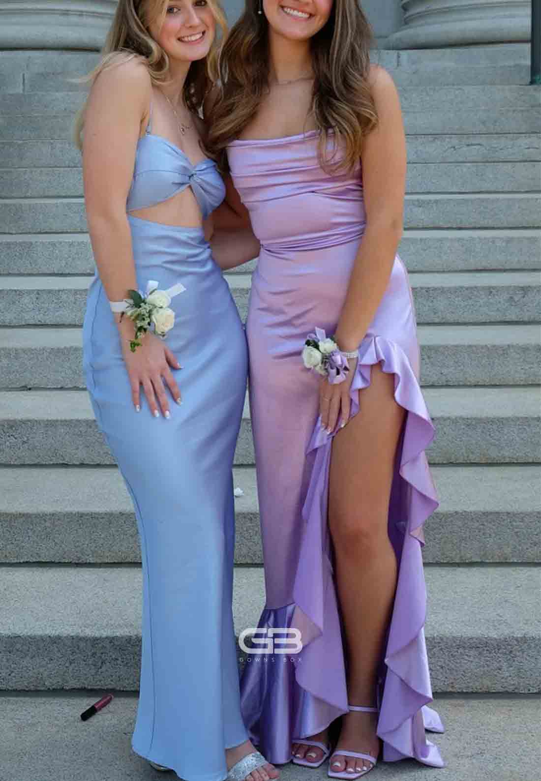 Spaghetti Straps Lilac Ruffle Long Dress with Slit