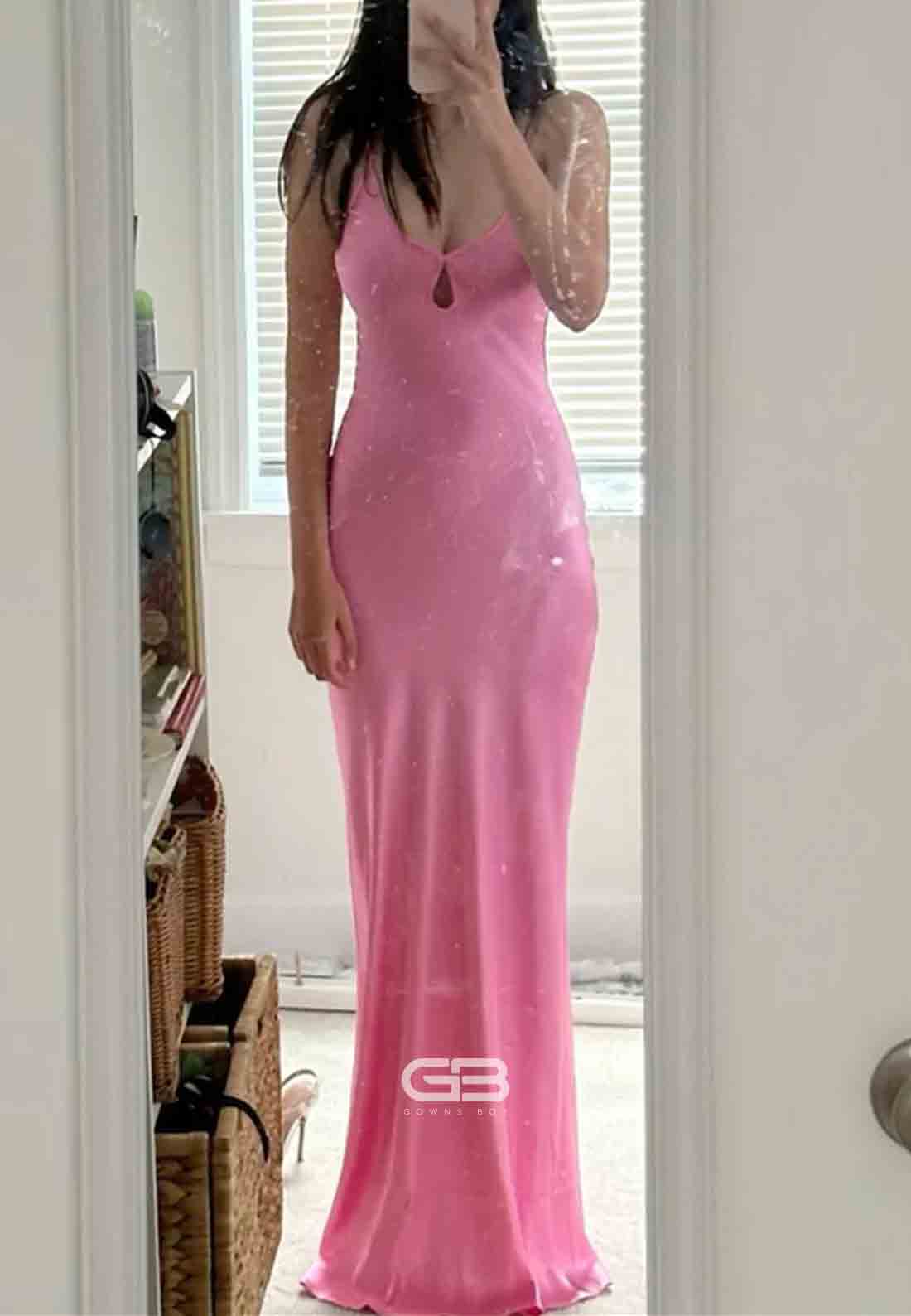 Tie Straps V-Neck Baby Pink Ruched V Back Bust Long Prom Dress