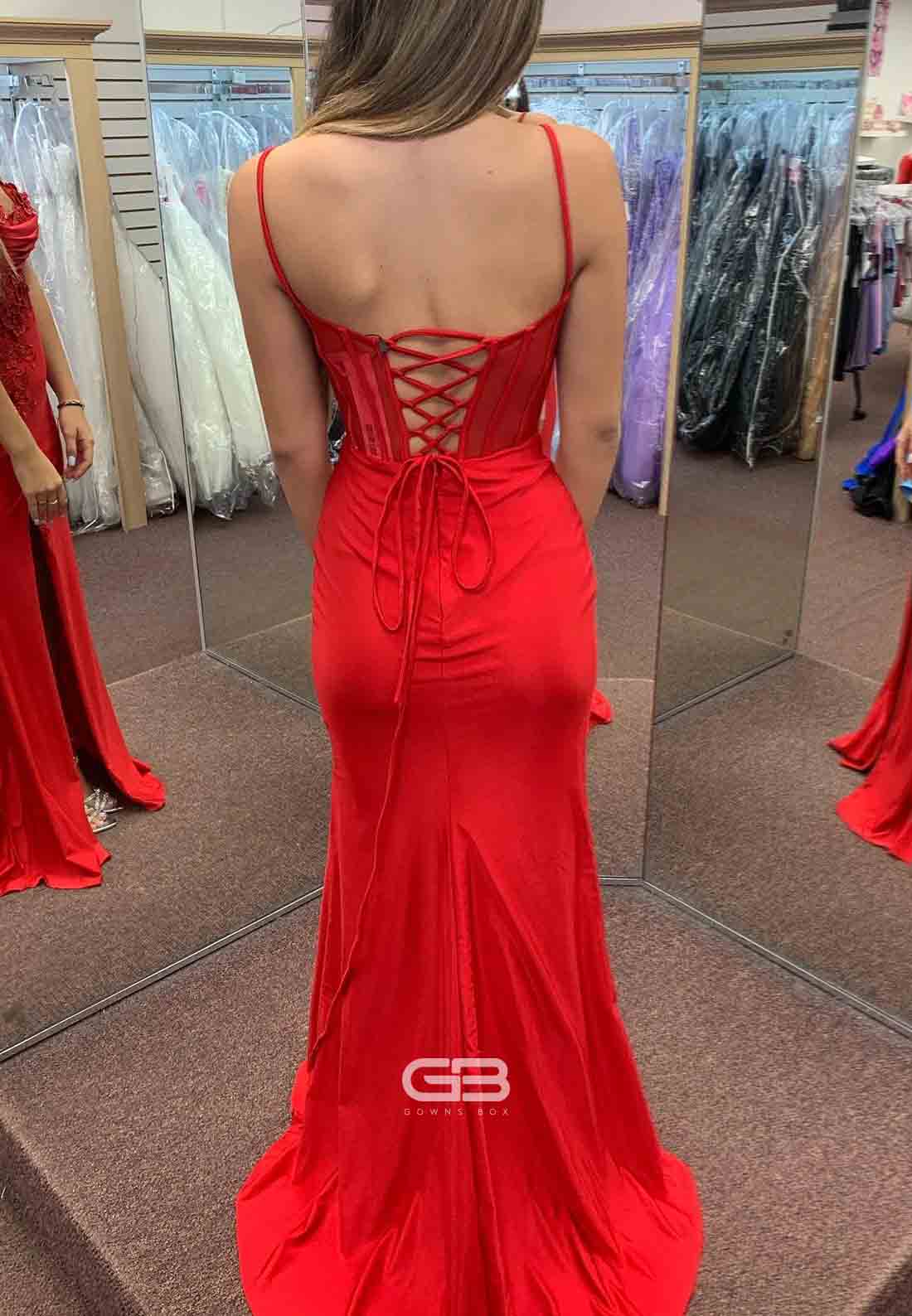 Spaghetti Straps Red Appliques Long Prom Dress with Slit