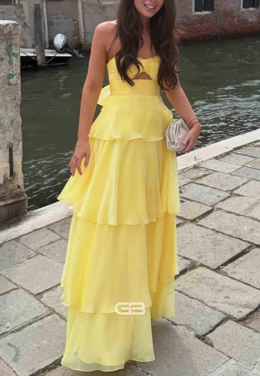 Strapless Spaghetti Straps Yellow Sweetheart Pleated Tiered Long Prom Dress