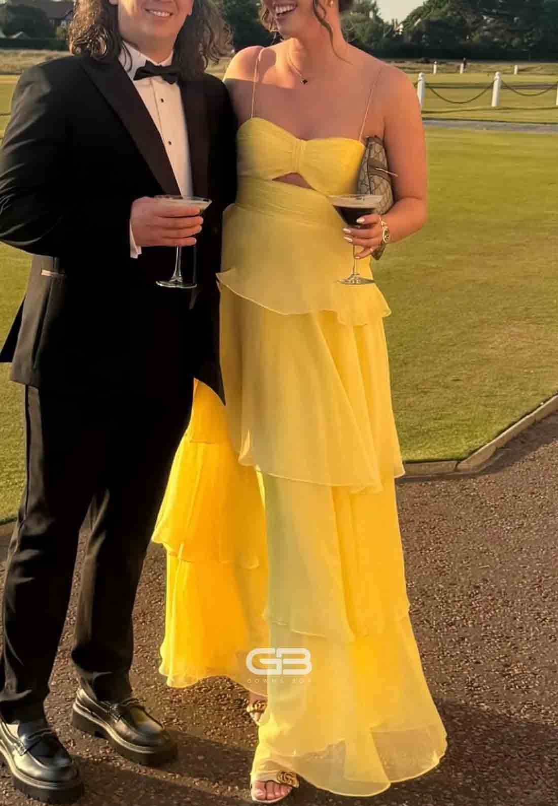 Strapless Spaghetti Straps Yellow Sweetheart Pleated Tiered Long Prom Dress