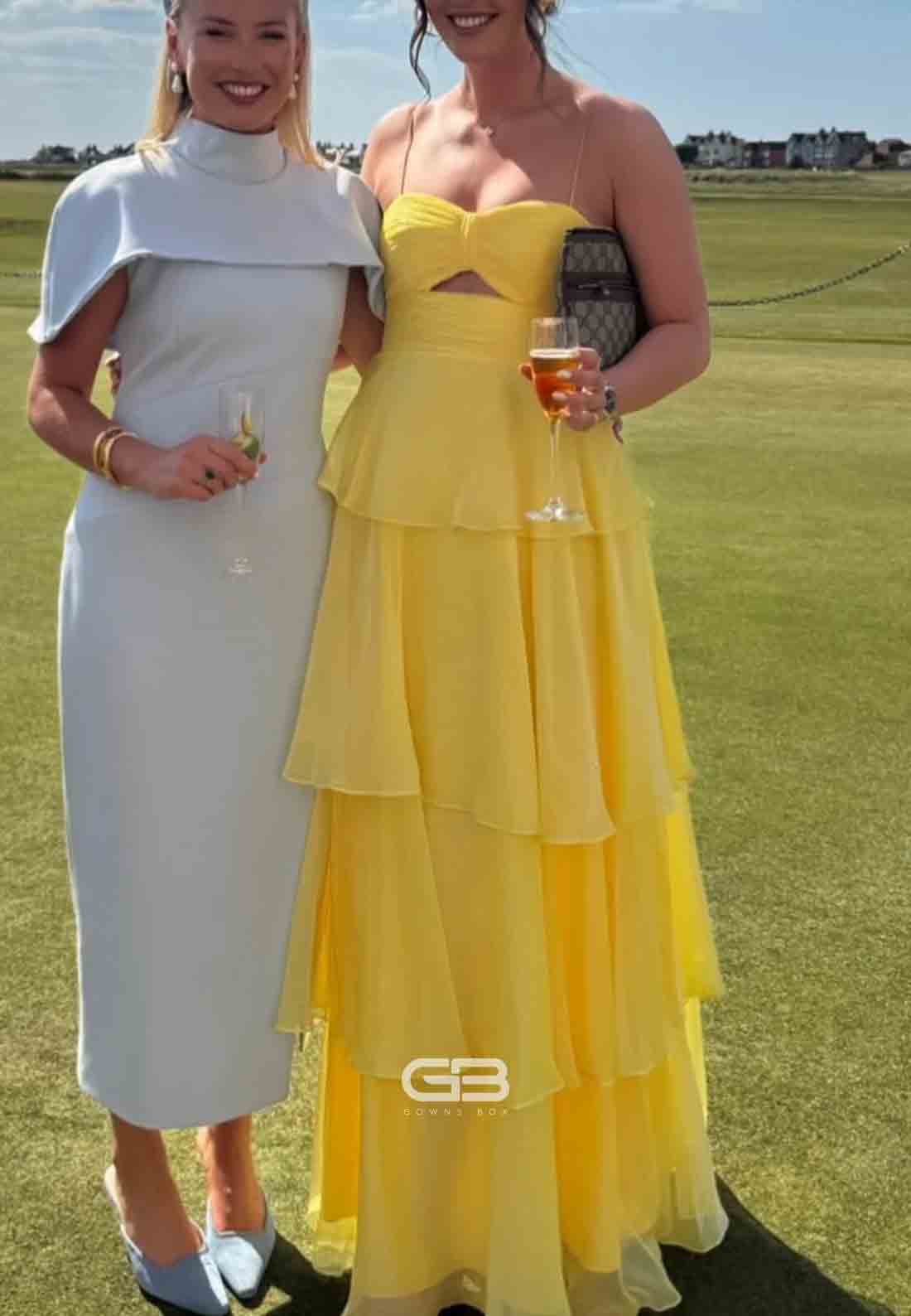 Strapless Spaghetti Straps Yellow Sweetheart Pleated Tiered Long Prom Dress