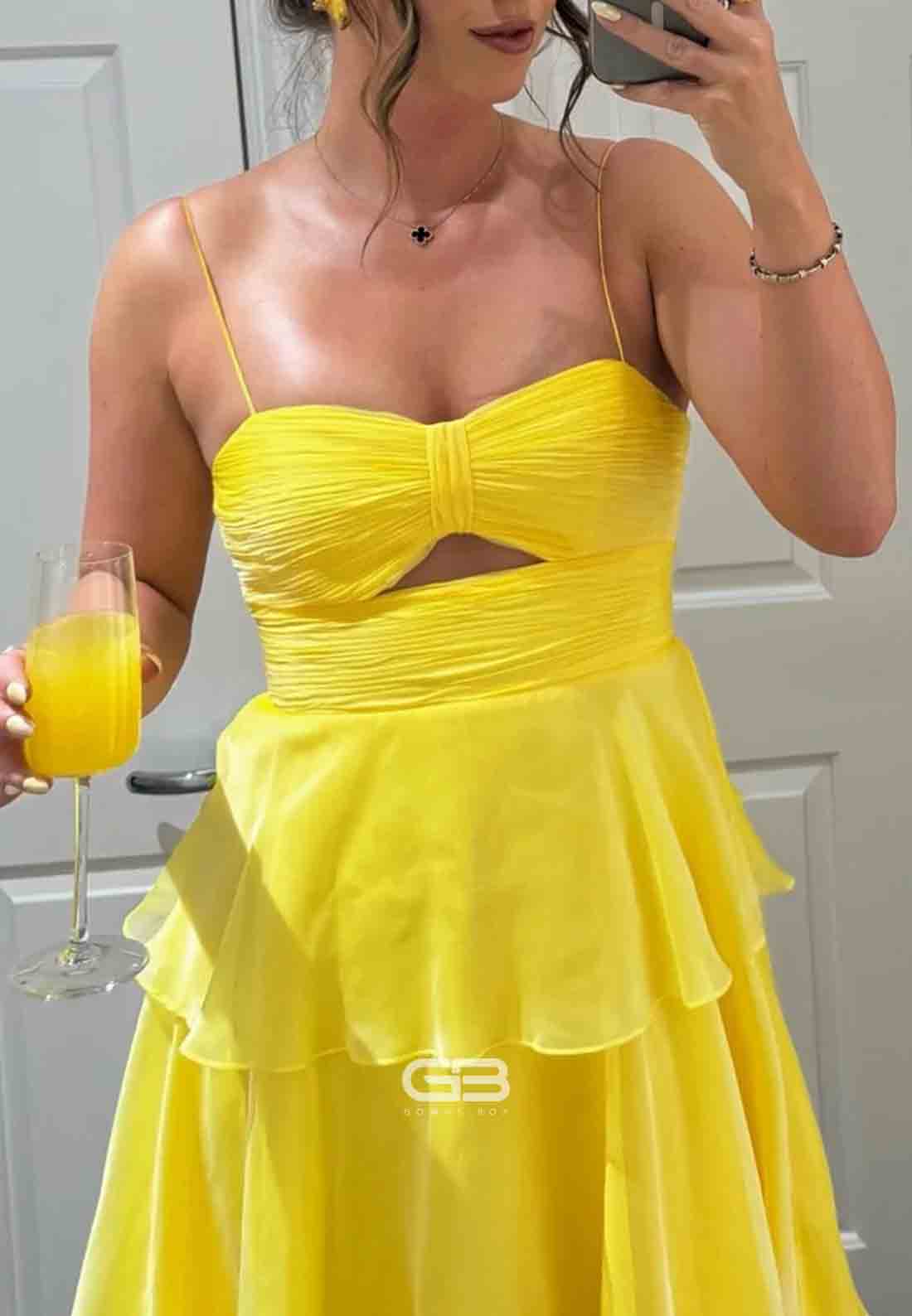 Strapless Spaghetti Straps Yellow Sweetheart Pleated Tiered Long Prom Dress