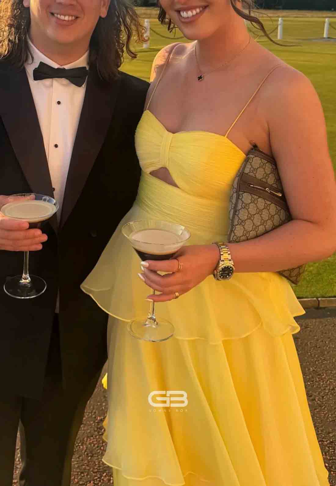 Strapless Spaghetti Straps Yellow Sweetheart Pleated Tiered Long Prom Dress