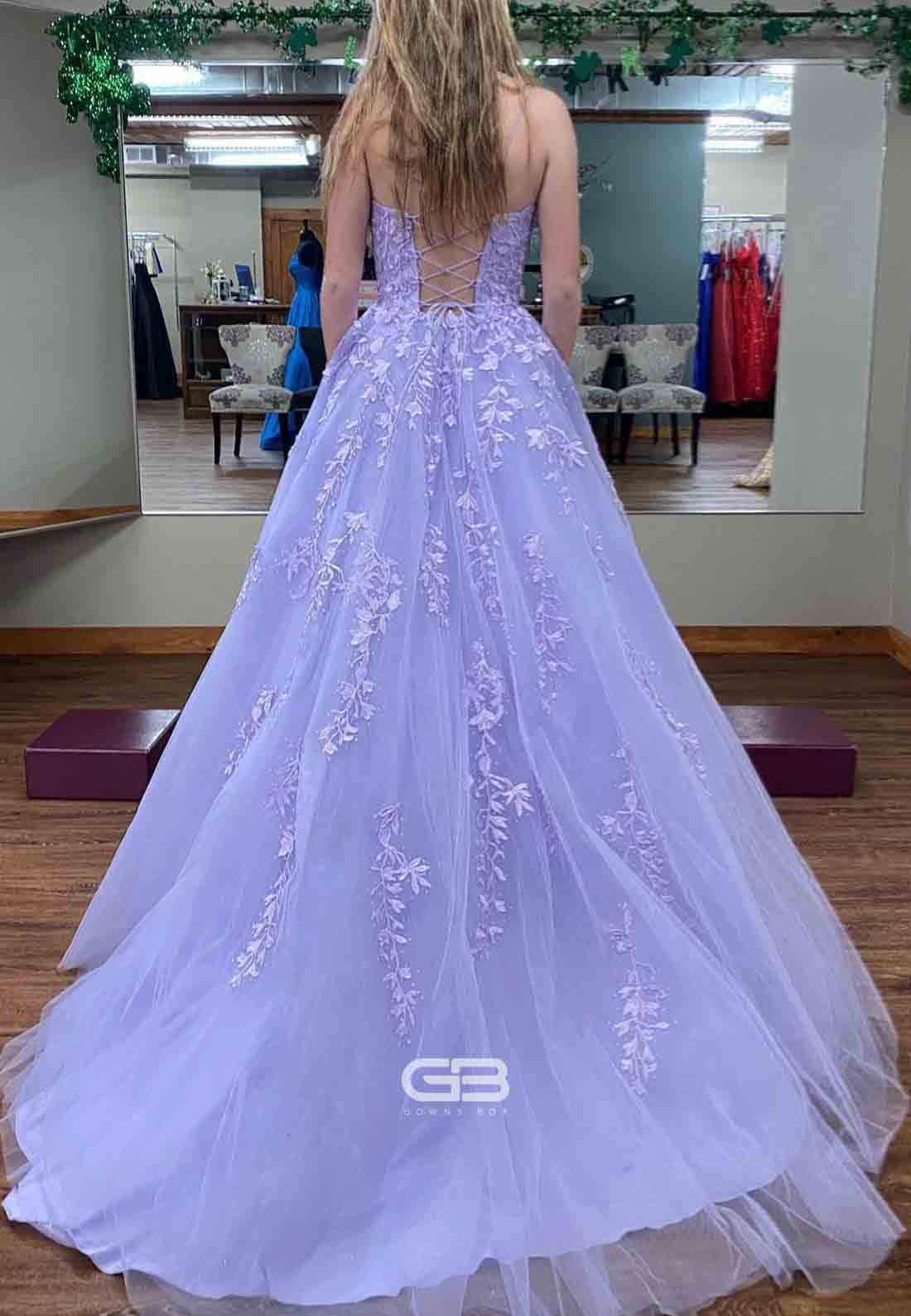 Square Neck Lilac Appliques A-line Long Prom Dress