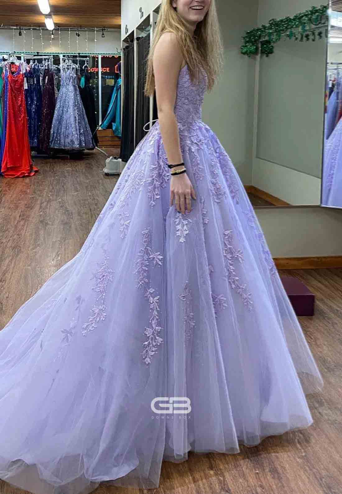 Square Neck Lilac Appliques A-line Long Prom Dress