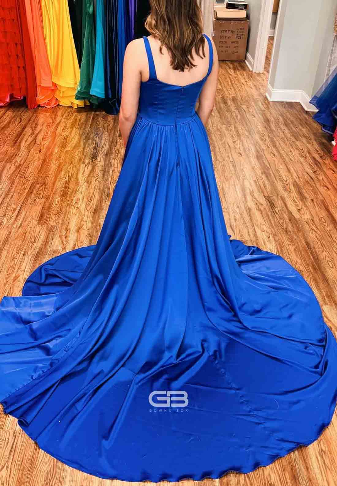 Square Neck Royal Blue A-Line Mermaid Long Dress with Slit