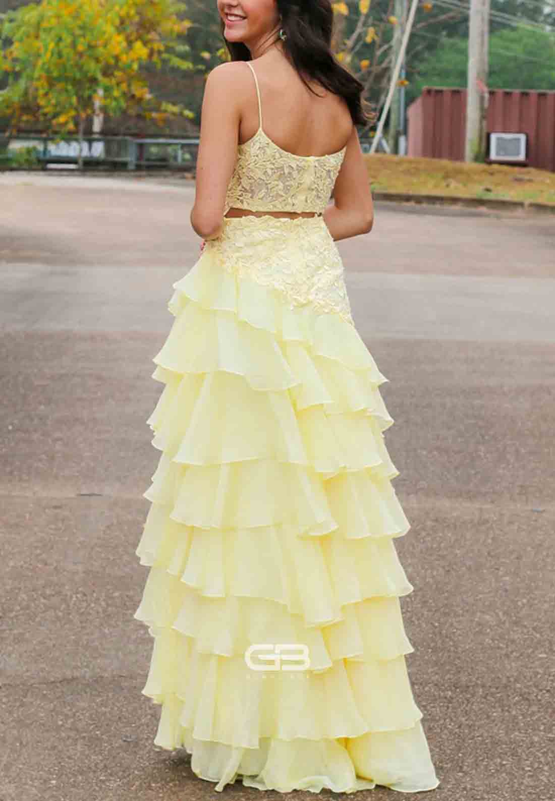Square Neck Yellow Appliques Tiered Long Dress