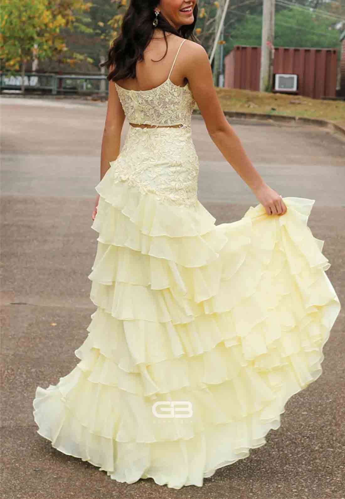 Square Neck Yellow Appliques Tiered Long Dress