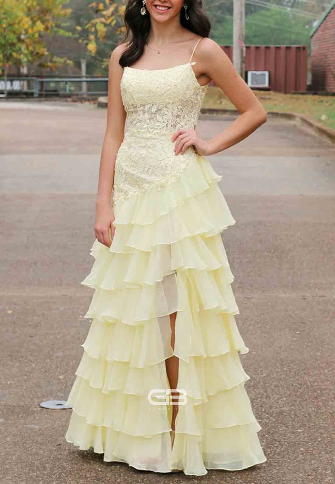 Square Neck Yellow Appliques Tiered Long Dress