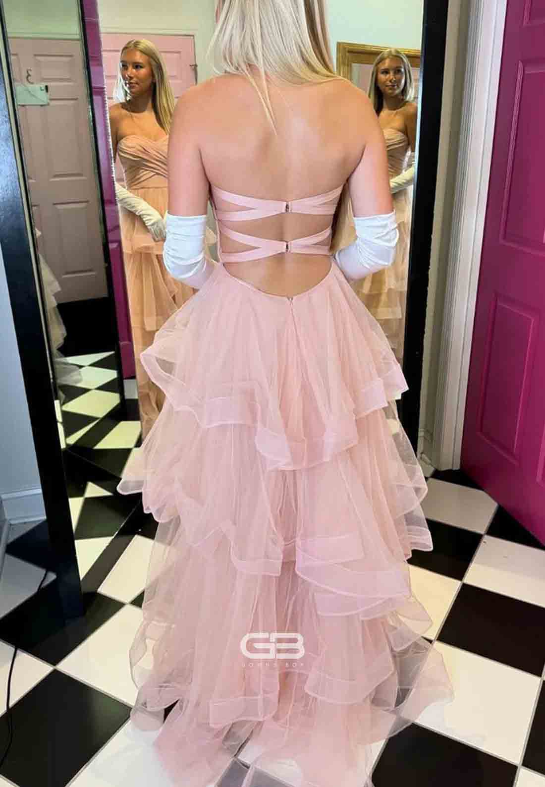 Stacia _ A - Line Strapless Blush Pink Ruffle Tiered Tulle Long P