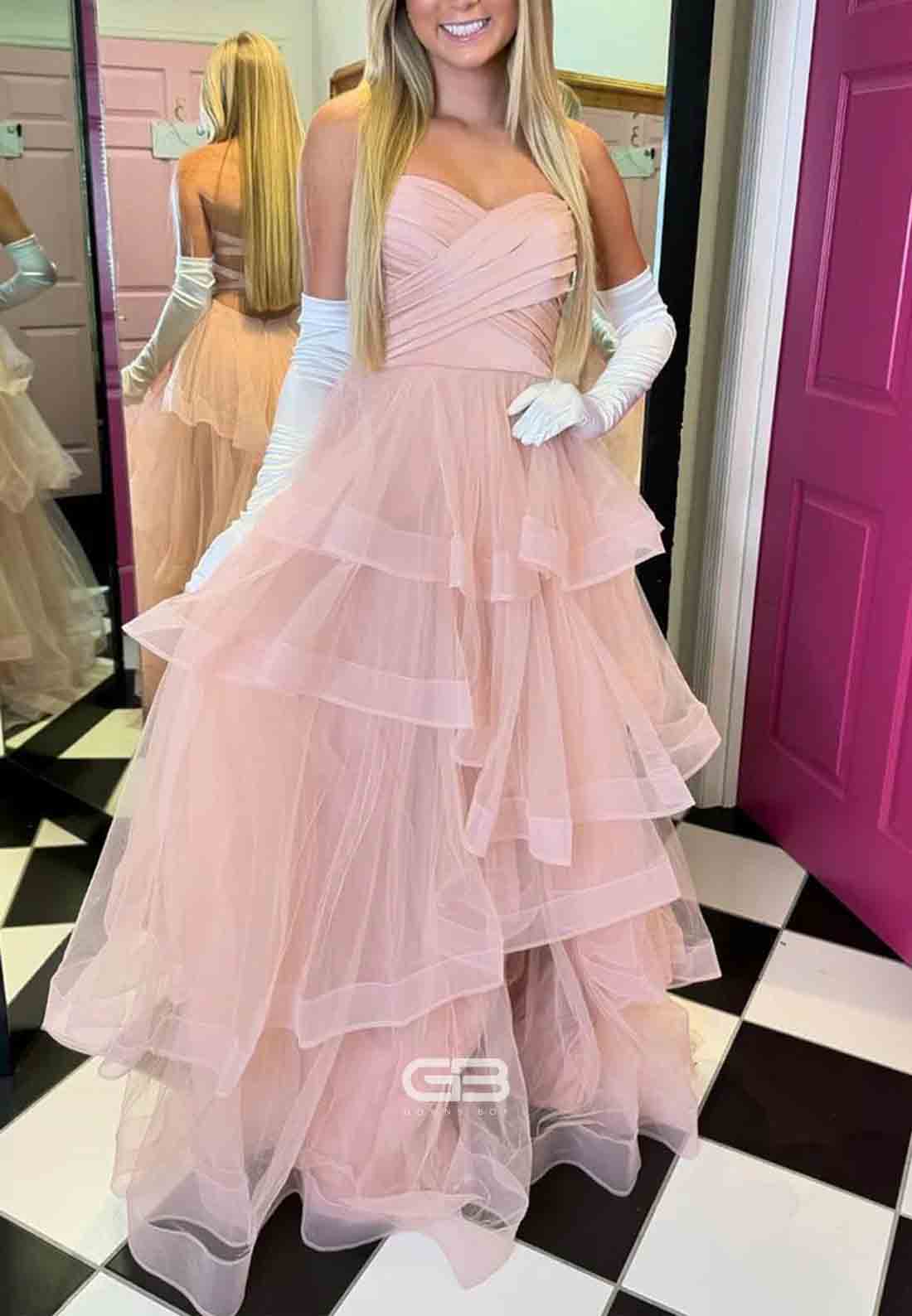 Stacia _ A - Line Strapless Blush Pink Ruffle Tiered Tulle Long P
