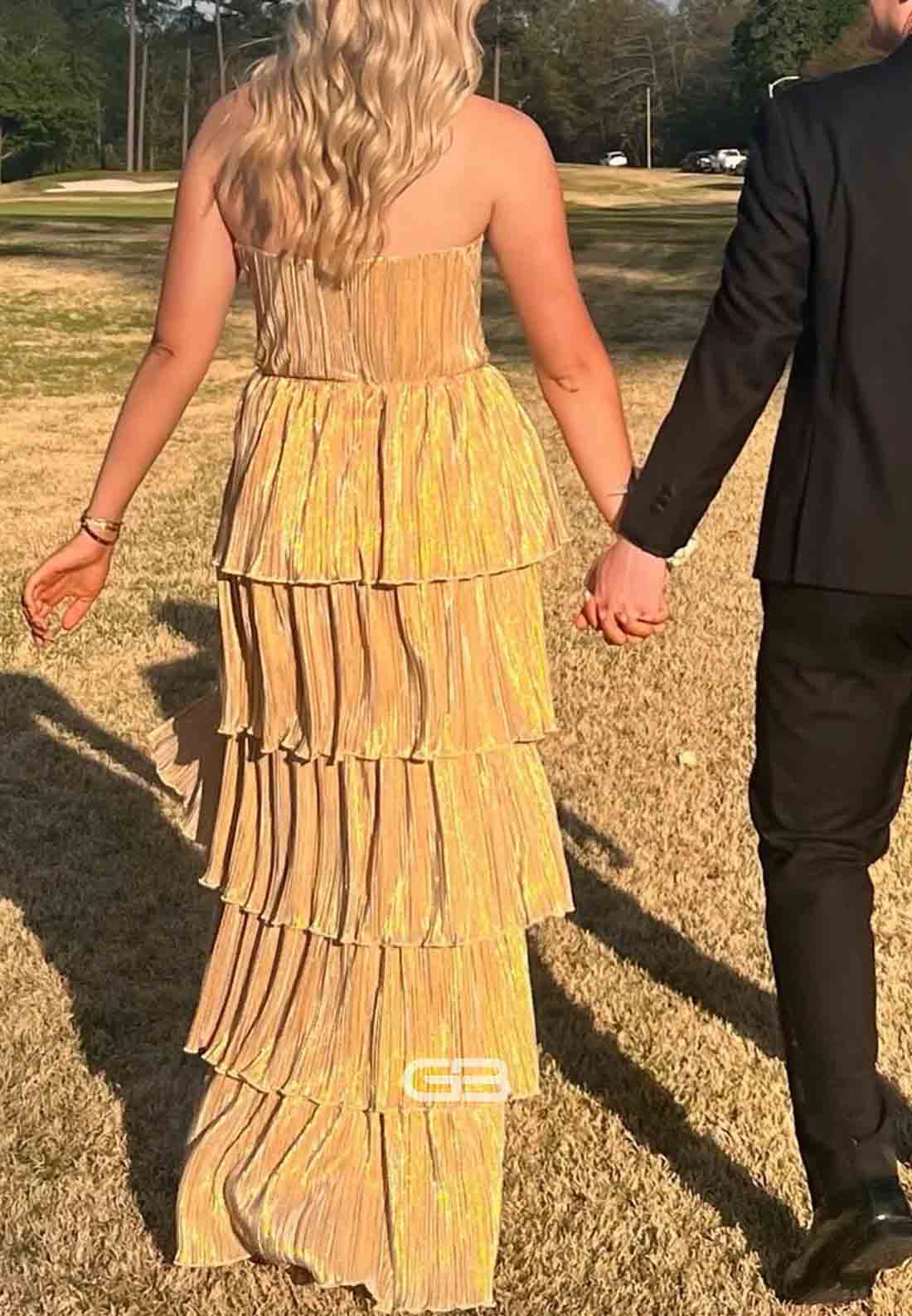 Strapless Champagne Tiered Long Prom Dress with Slit