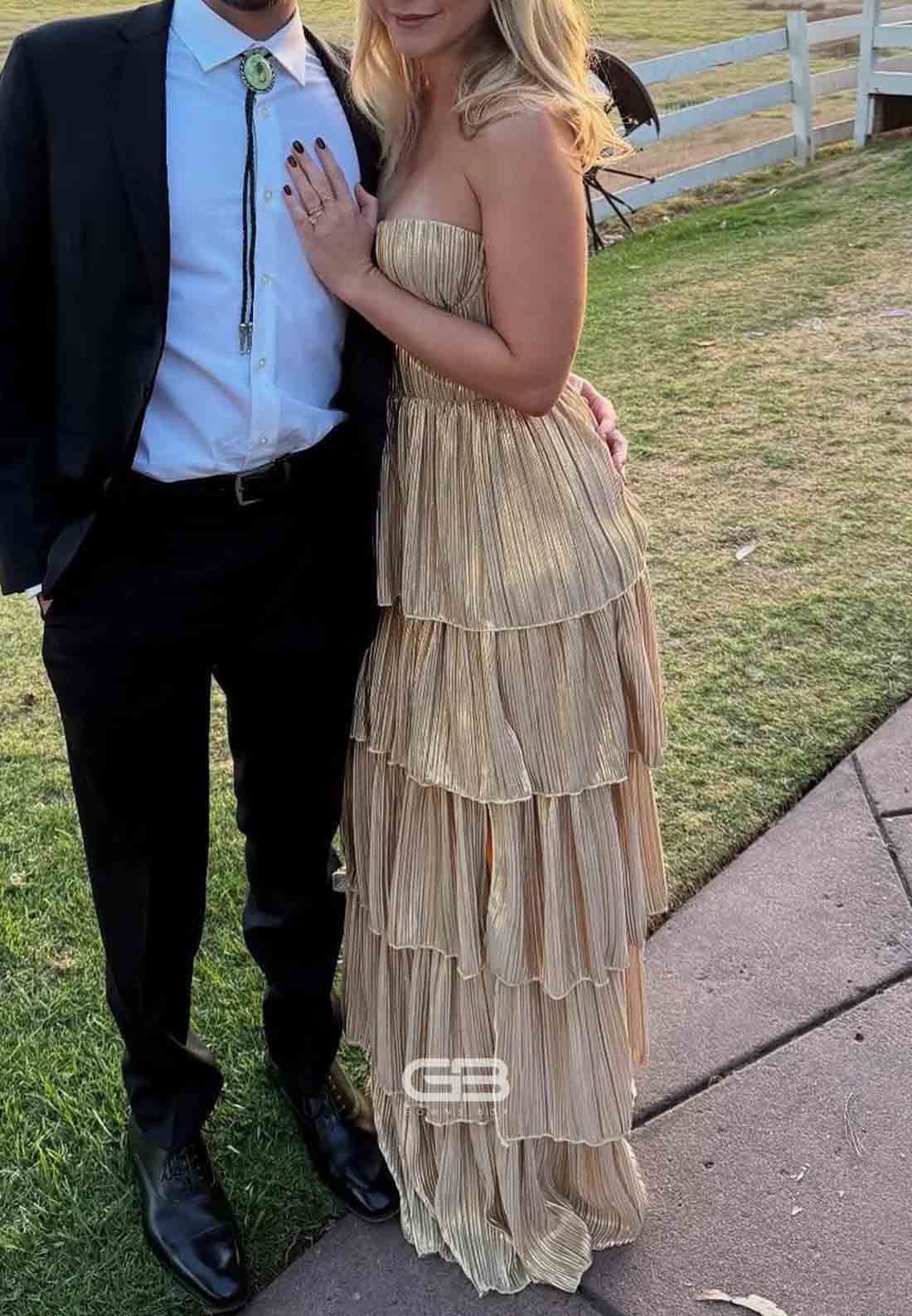 Strapless Champagne Tiered Long Prom Dress with Slit