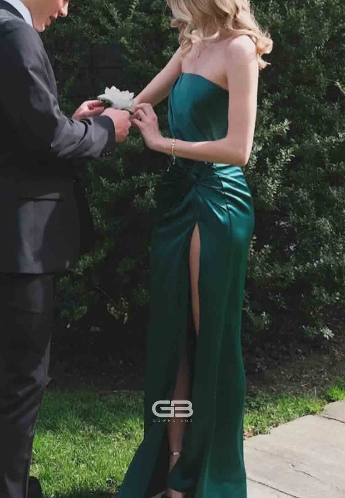 Strapless Emerald Dark Green Twist Column Long Dress with Slit