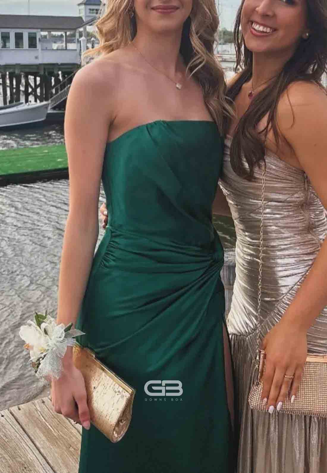 Strapless Emerald Dark Green Twist Column Long Dress with Slit