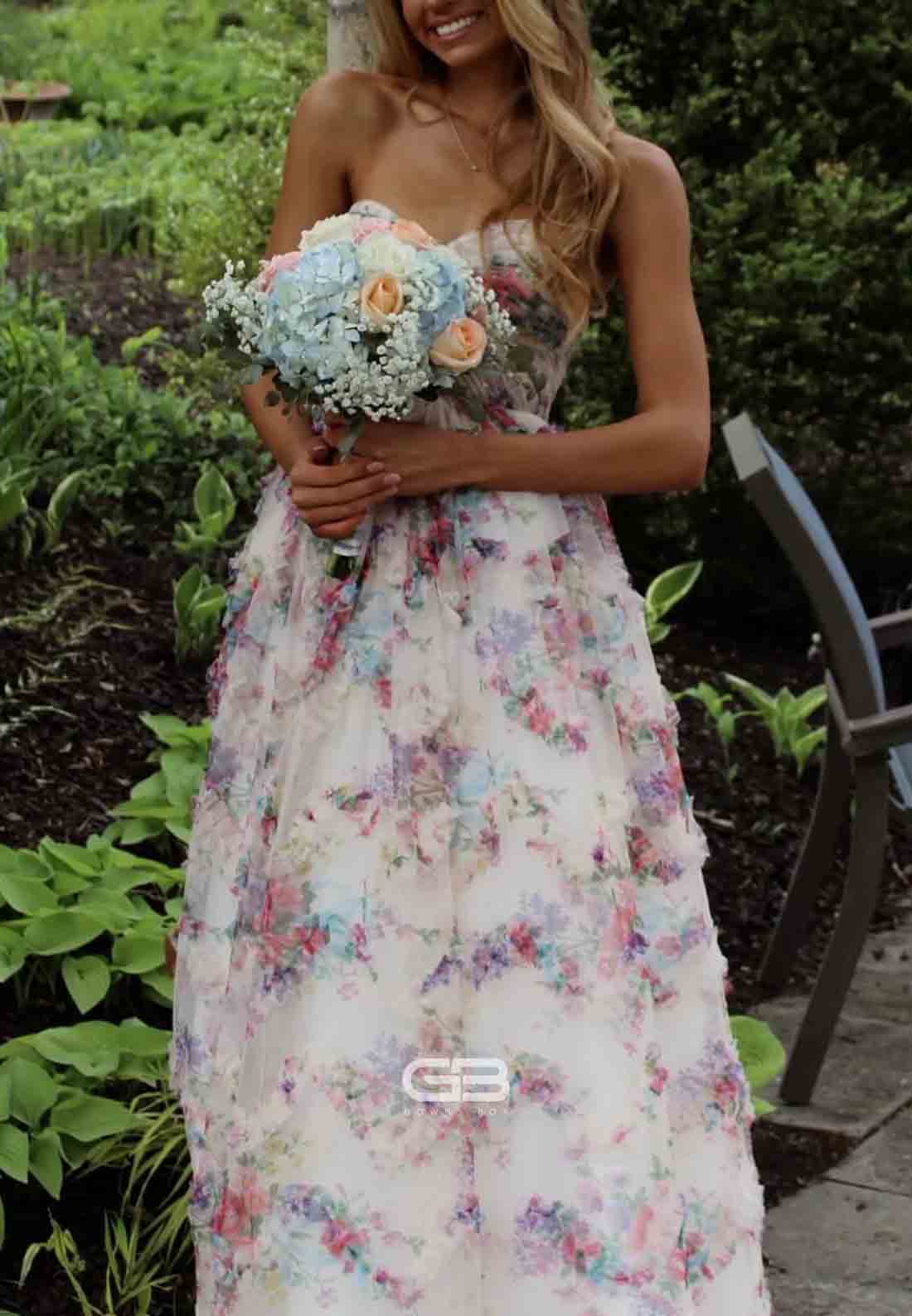 Strapless Floral Print Sweetheart A-Line Pleated Ruffle Hem Long Dress