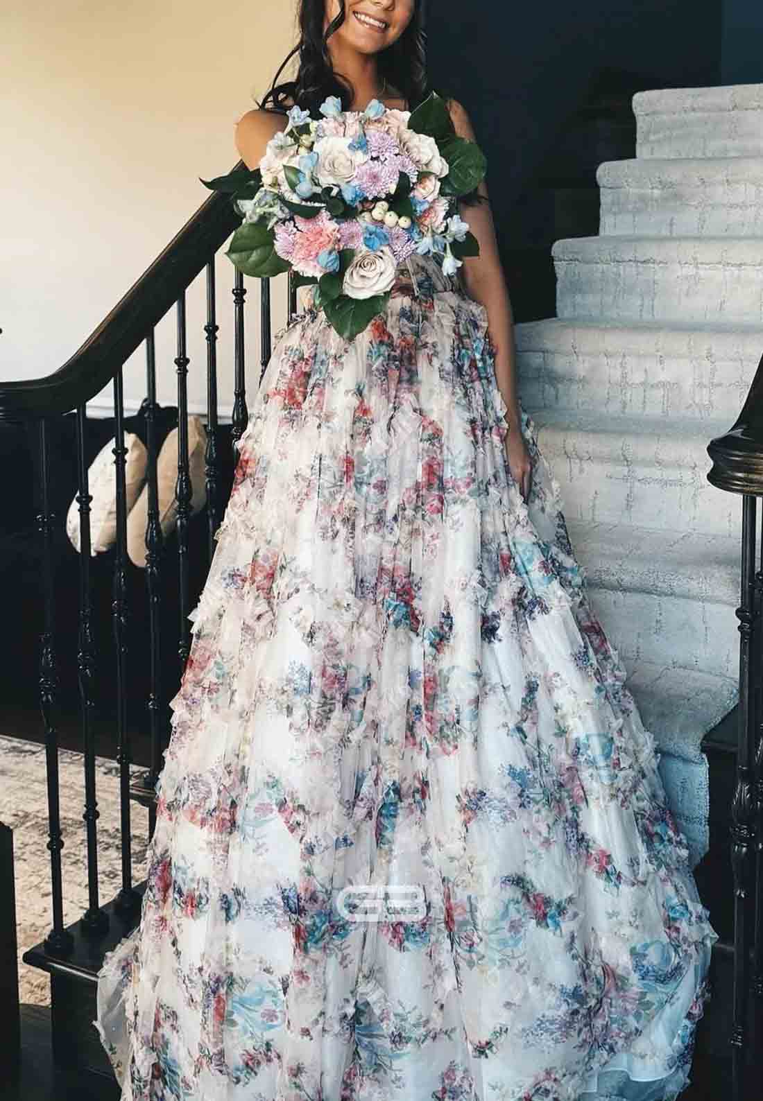 Strapless Floral Print Sweetheart A-Line Pleated Ruffle Hem Long Dress