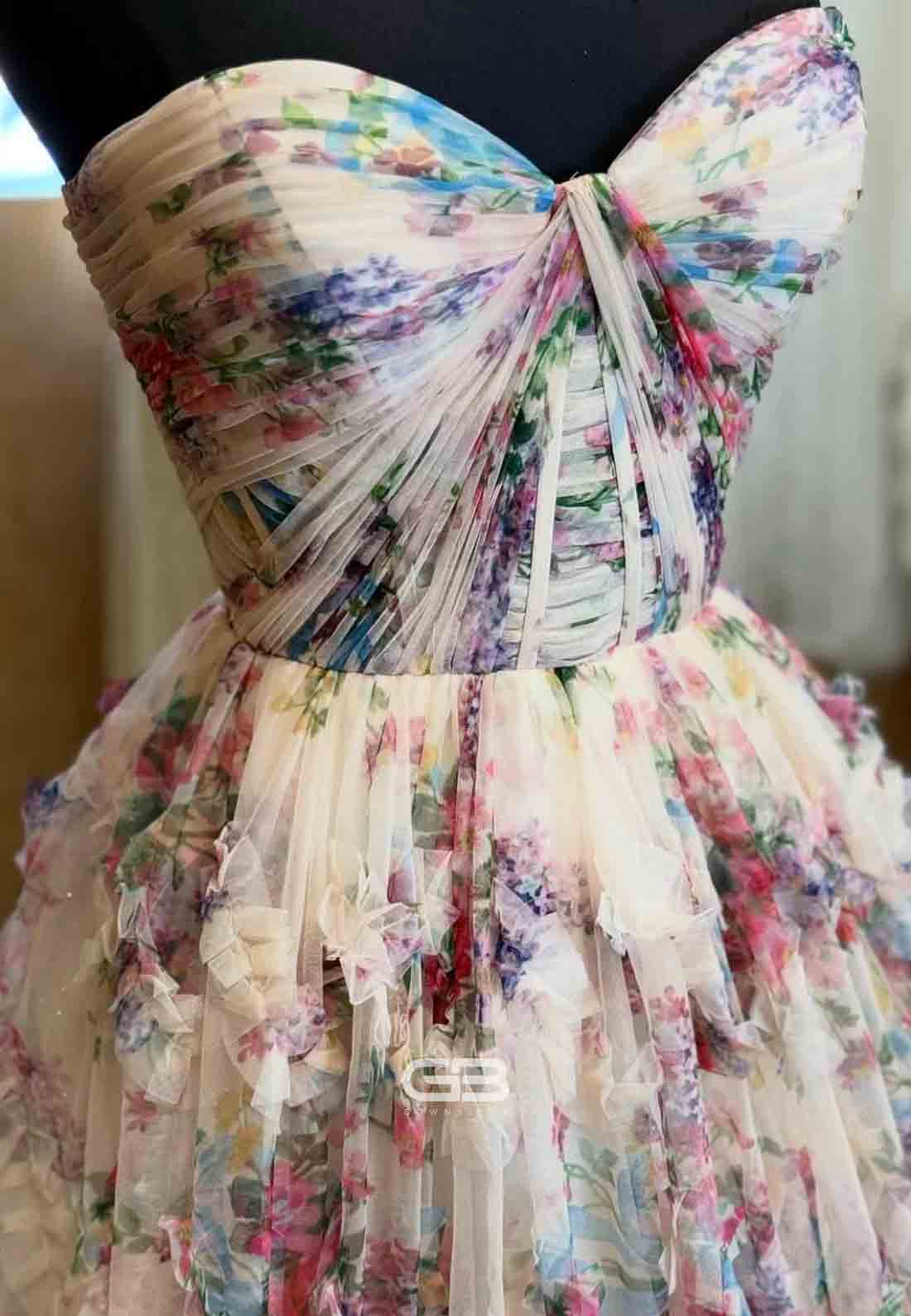 Strapless Floral Print Sweetheart A-Line Pleated Ruffle Hem Long Dress