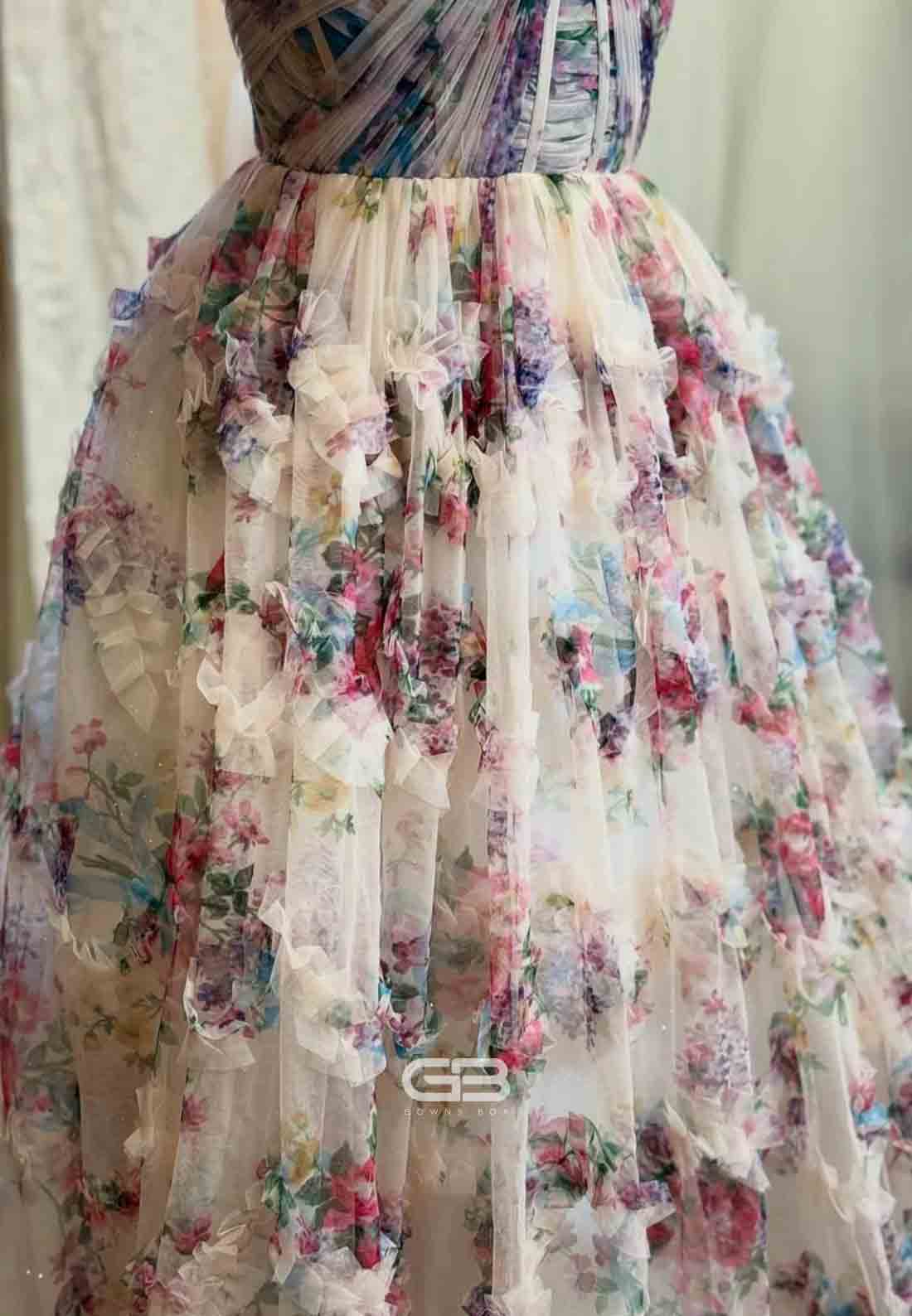 Strapless Floral Print Sweetheart A-Line Pleated Ruffle Hem Long Dress