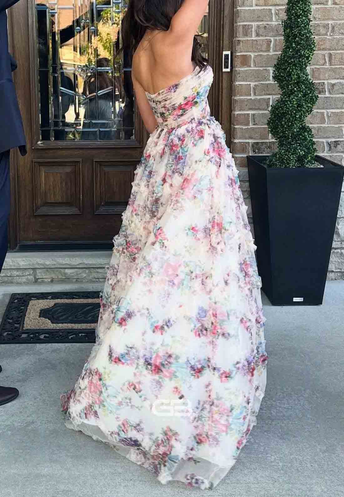 Strapless Floral Print Sweetheart A-Line Pleated Ruffle Hem Long Dress