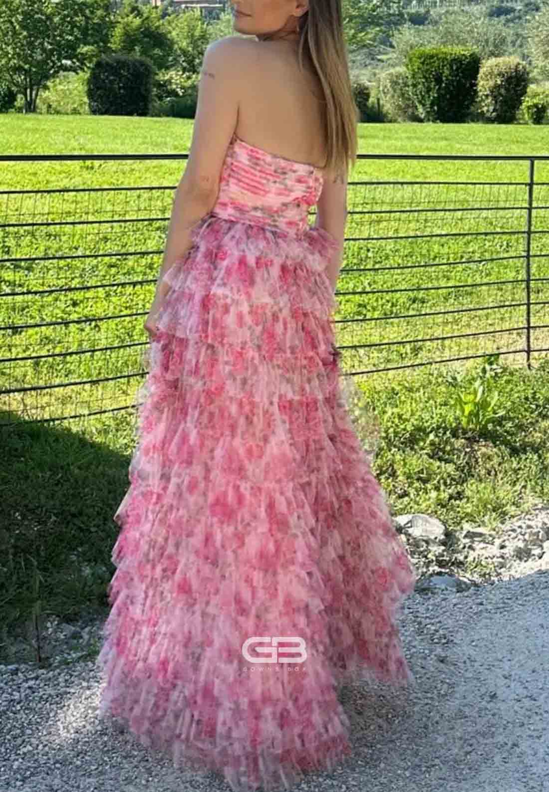 Strapless Floral Print Ruffled A-line Long Prom Dress 