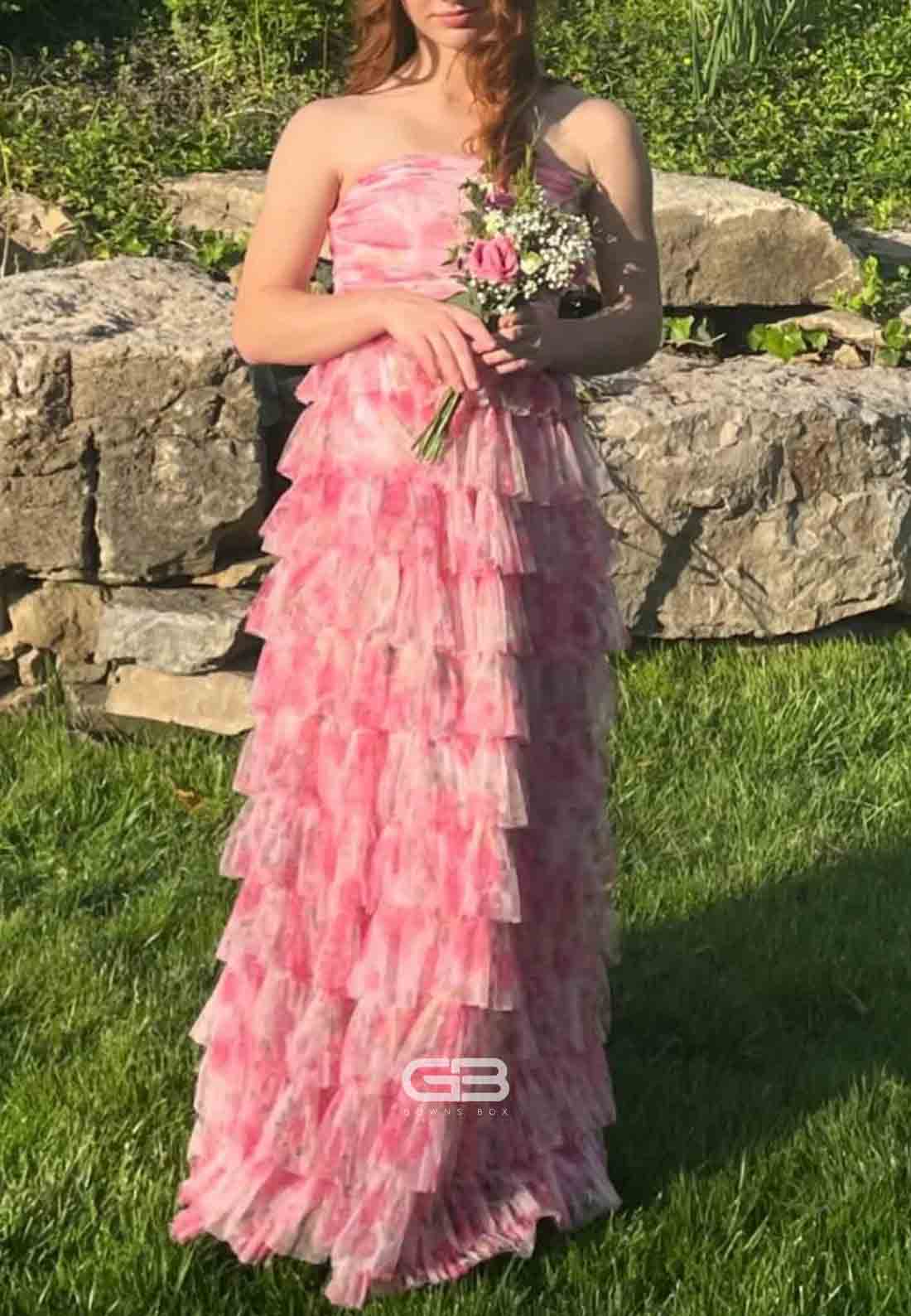 Strapless Floral Print Ruffled A-line Long Prom Dress 