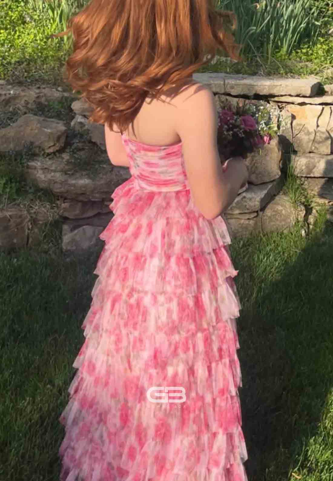 Strapless Floral Print Ruffled A-line Long Prom Dress 