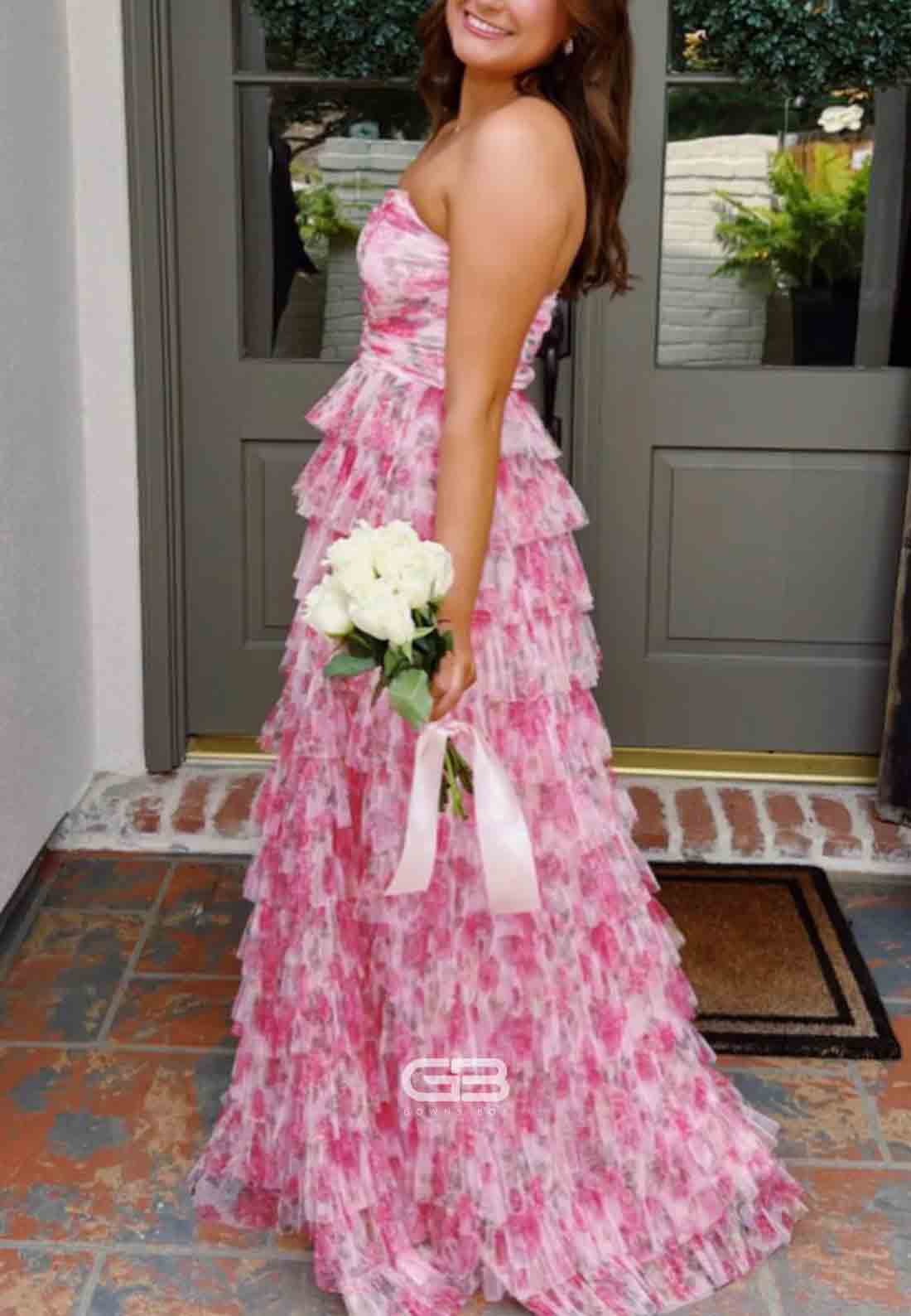 Strapless Floral Print Ruffled A-line Long Prom Dress 