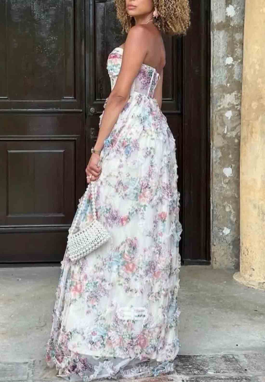 Strapless Floral Print Ruffled A-line Long Prom Dress 
