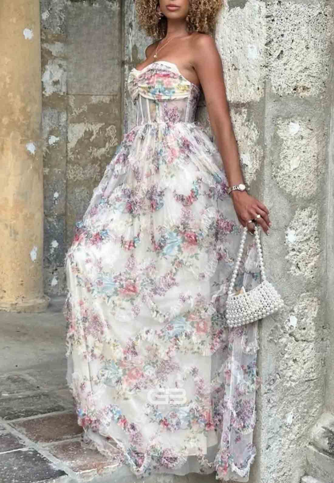Strapless Floral Print Ruffled A-line Long Prom Dress 