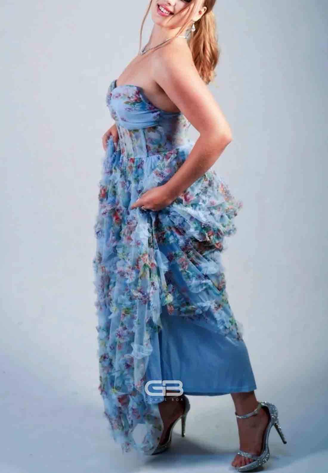 Strapless Floral Print Ruffled A-line Long Prom Dress 