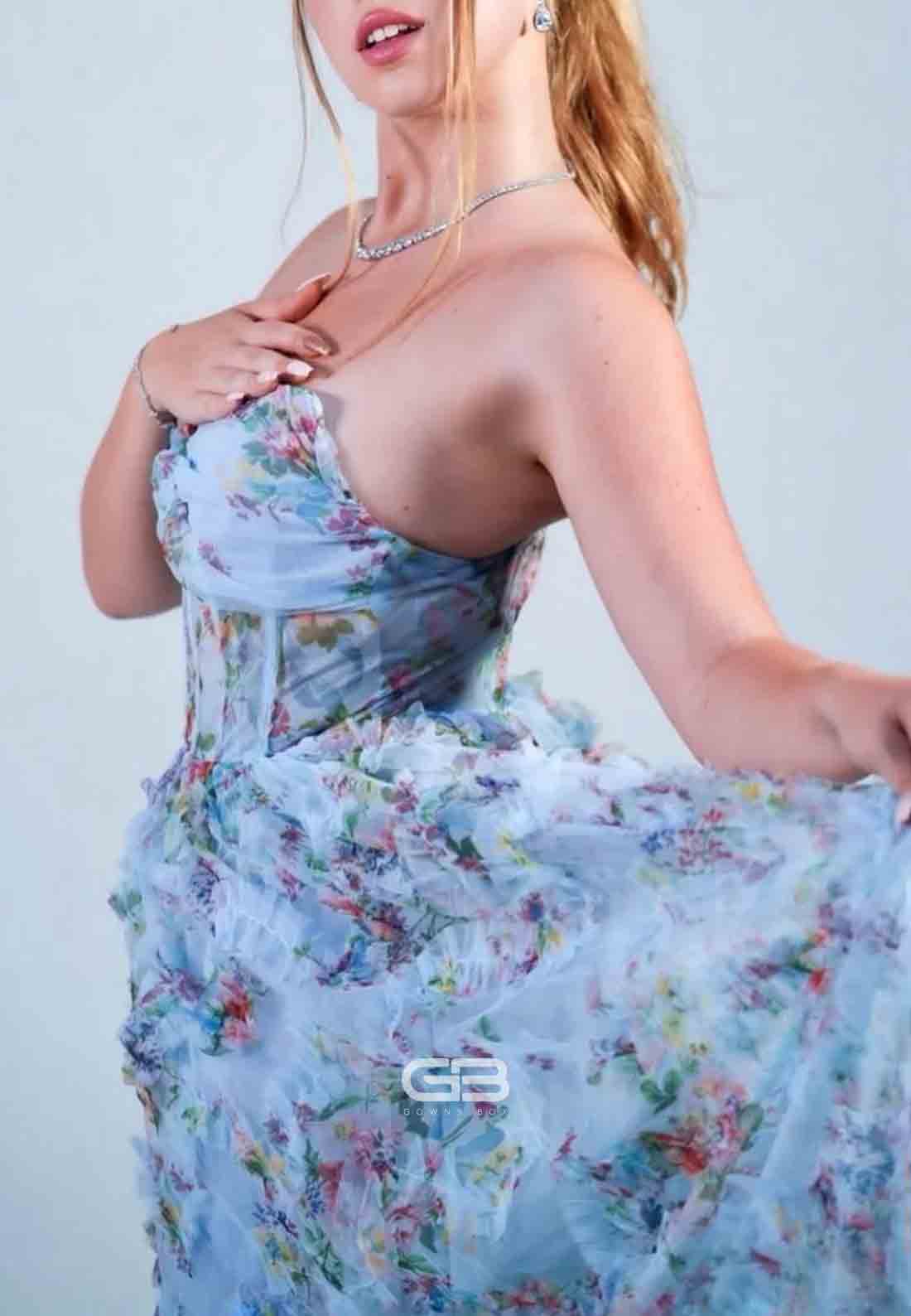 Strapless Floral Print Ruffled A-line Long Prom Dress 